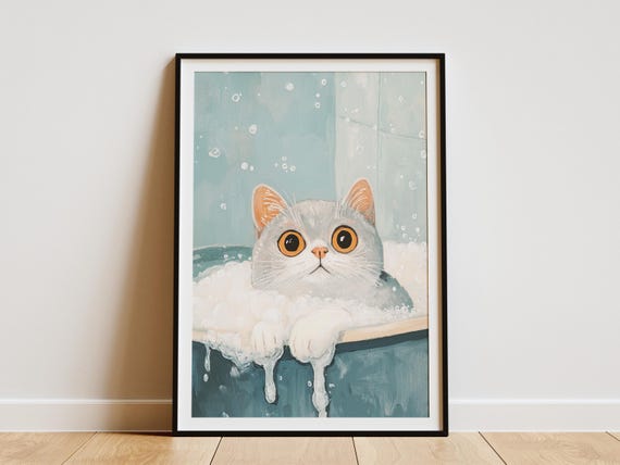 British Shorthair Cat Art Print Foamy Bathtub Poster Cute Kitten Wall Bathroom Decor Pet Lover Gift Animal Illustration In Tub