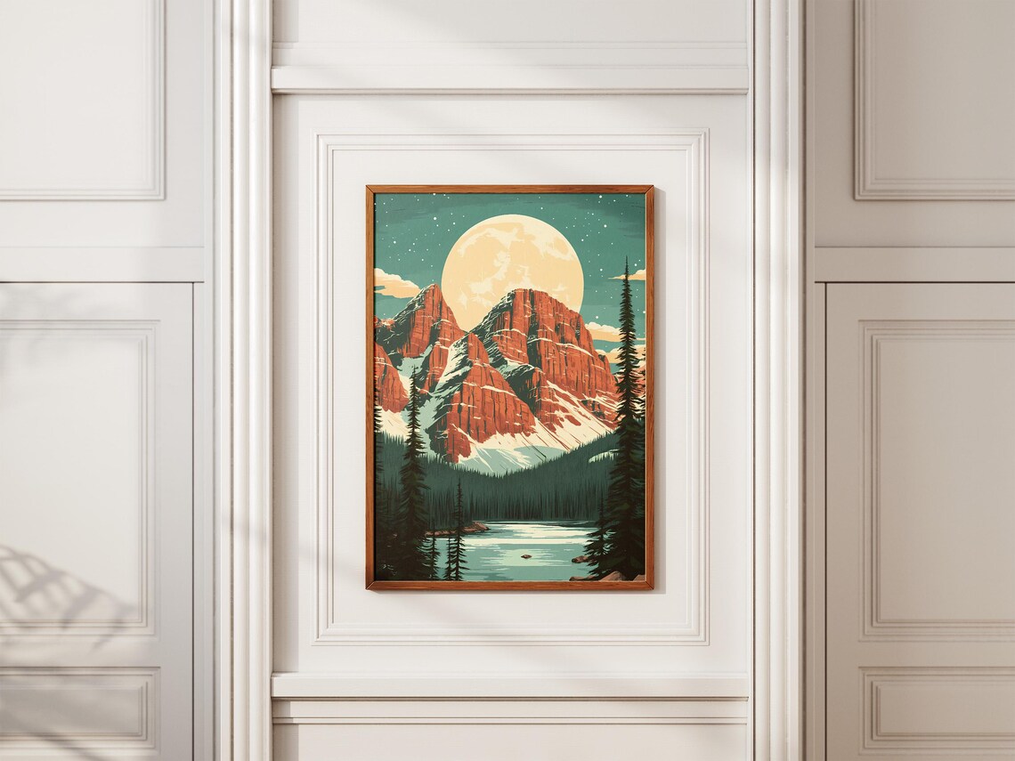 Full Moon Rising Over Snow Capped Rocky Mountain Lake Poster - Image 2