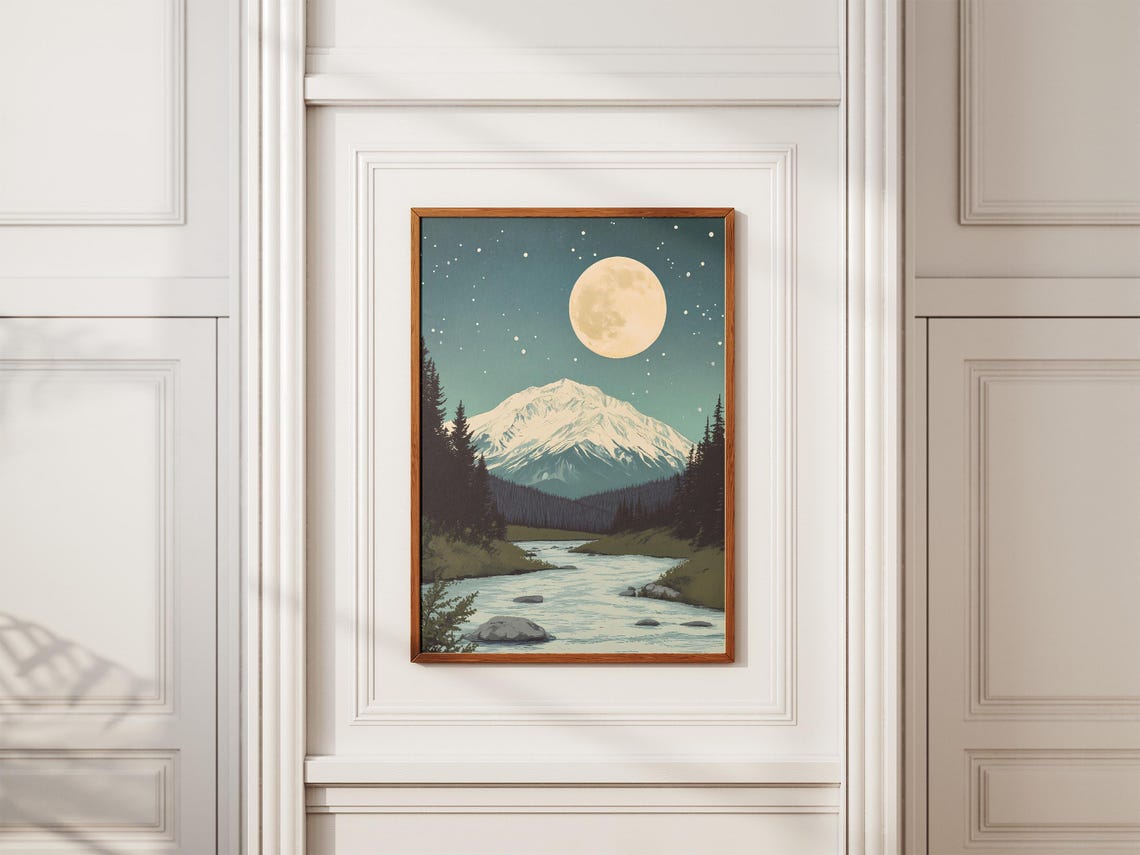Katmai National Park Snowy Peak Under Full Moon Over River Poster - Image 2