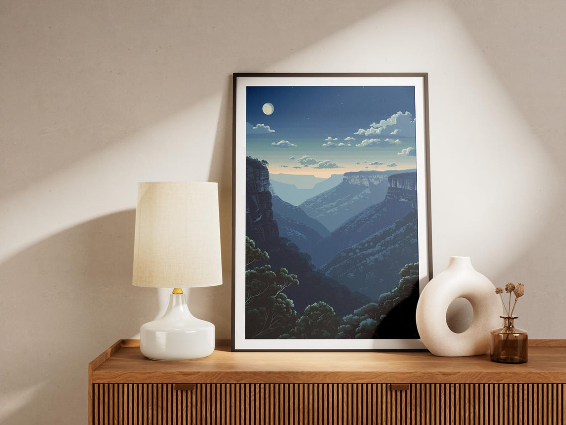 Blue Mountains Australia Starry Moonlit Valley Night Art Poster - Image 2