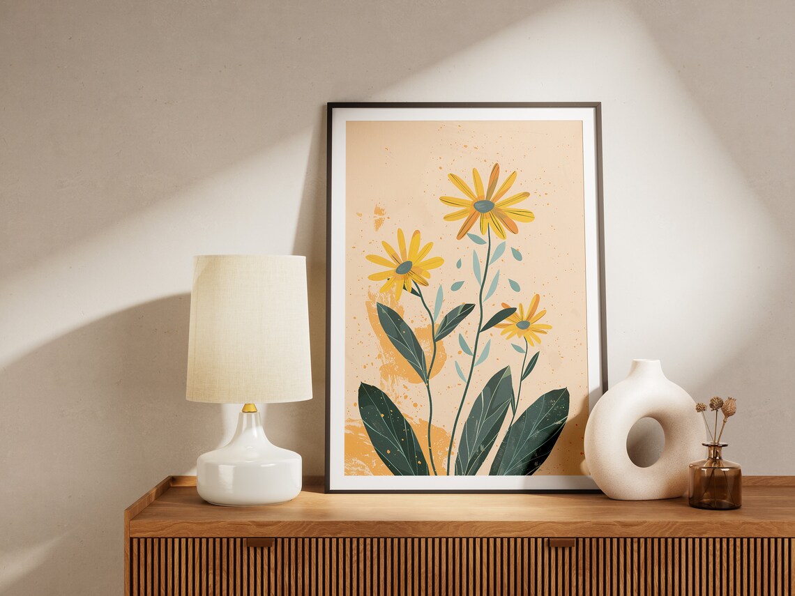Bright Yellow Daisies on Cream Minimal Floral Illustration Poster - Image 2