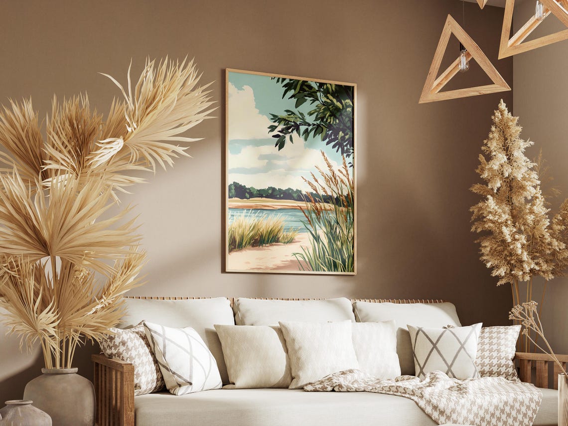 Calm Lakeside Reeds on a Sandy Shore Modern Landscape Poster - Image 3