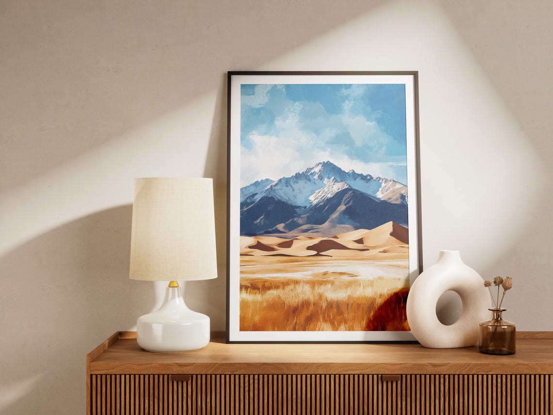 Snowy Mountain Peak Desert Sand Dunes Golden Hour Sunset Poster - Image 4