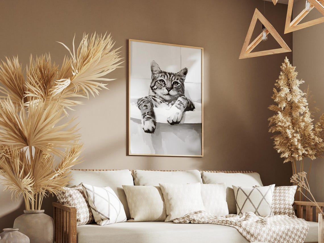 Lazy Tabby Cat in Bathtub Relaxed Minimalist Bathroom Poster - Image 3