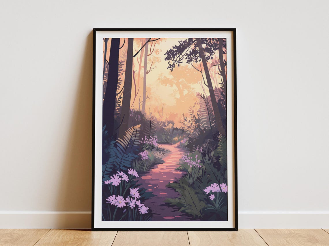 Fern Forest Path Violet Blooms Sunset Glow Woodland Flower Poster