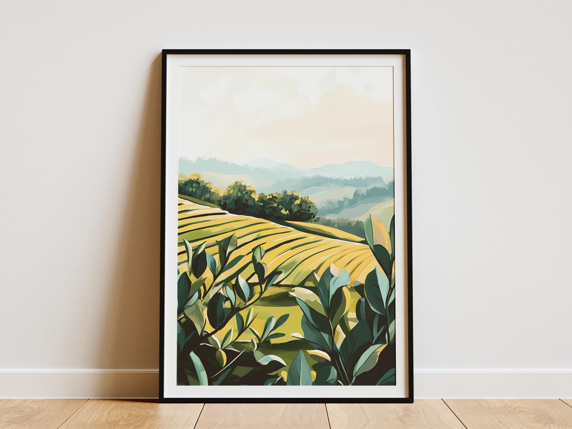 Foggy Green Tea Field Terraces Under Misty Blue Hills Poster