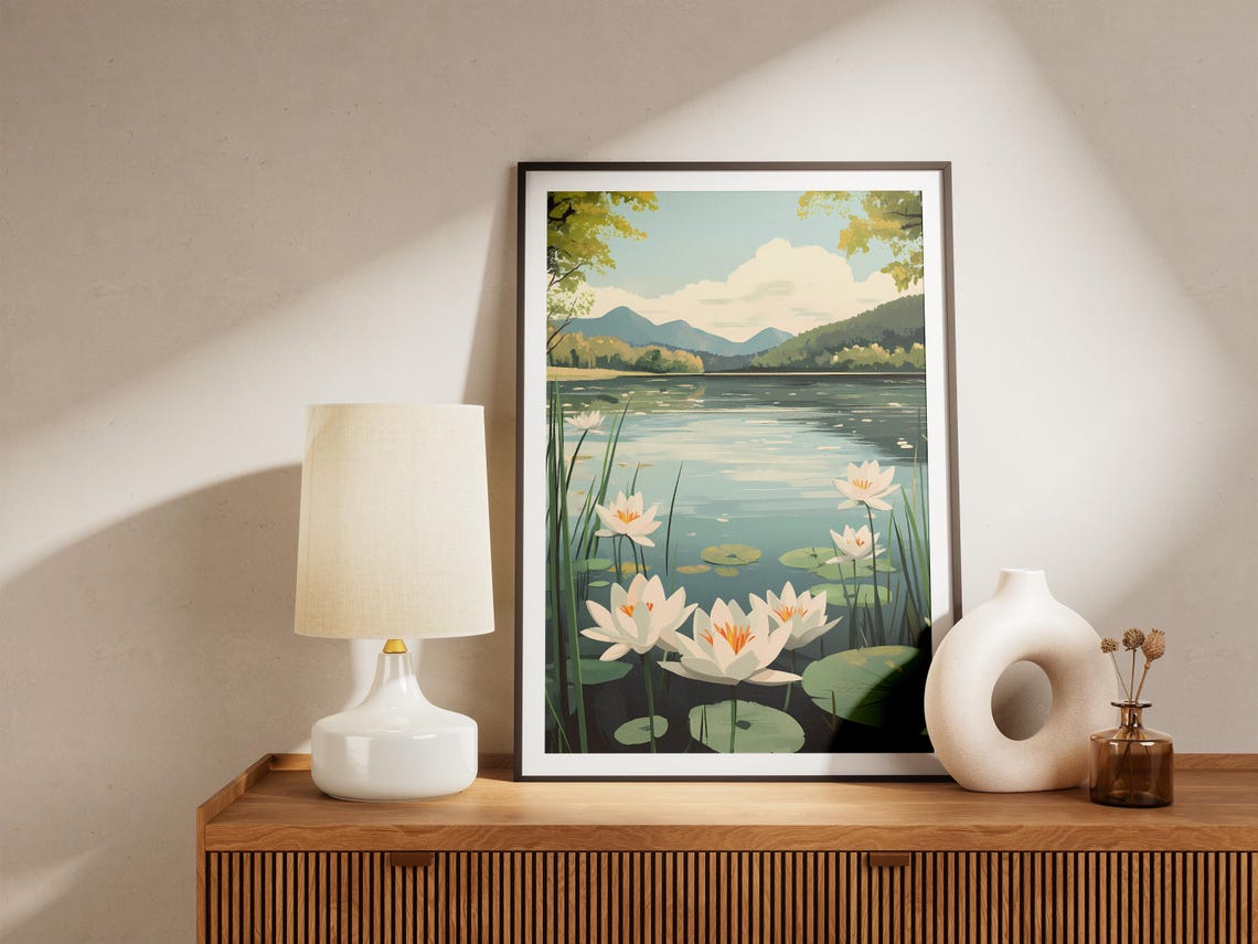 White Water Lilies On Mountain Lake Serene Botanical Art Poster - Image 5