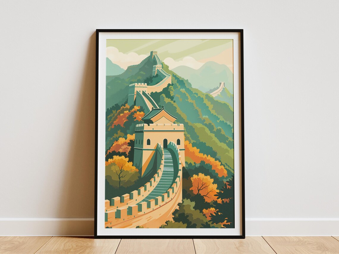 Great Wall of China Green Hills Watchtower Minimalist Travel Poster