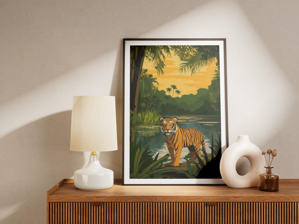 Bengal Tiger Golden Jungle River Sunset India Wildlife Art Poster - Image 5