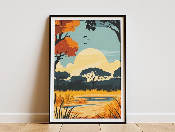 South Luangwa Zambia Safari Sunrise Acacia Trees Vintage Decor Poster