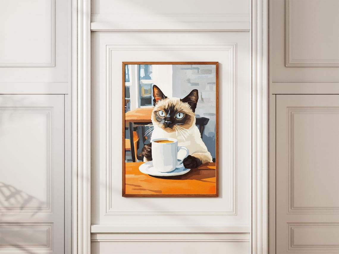 Elegant Siamese Cat With Coffee Mug Cozy Cafe Table Art Poster - Image 2