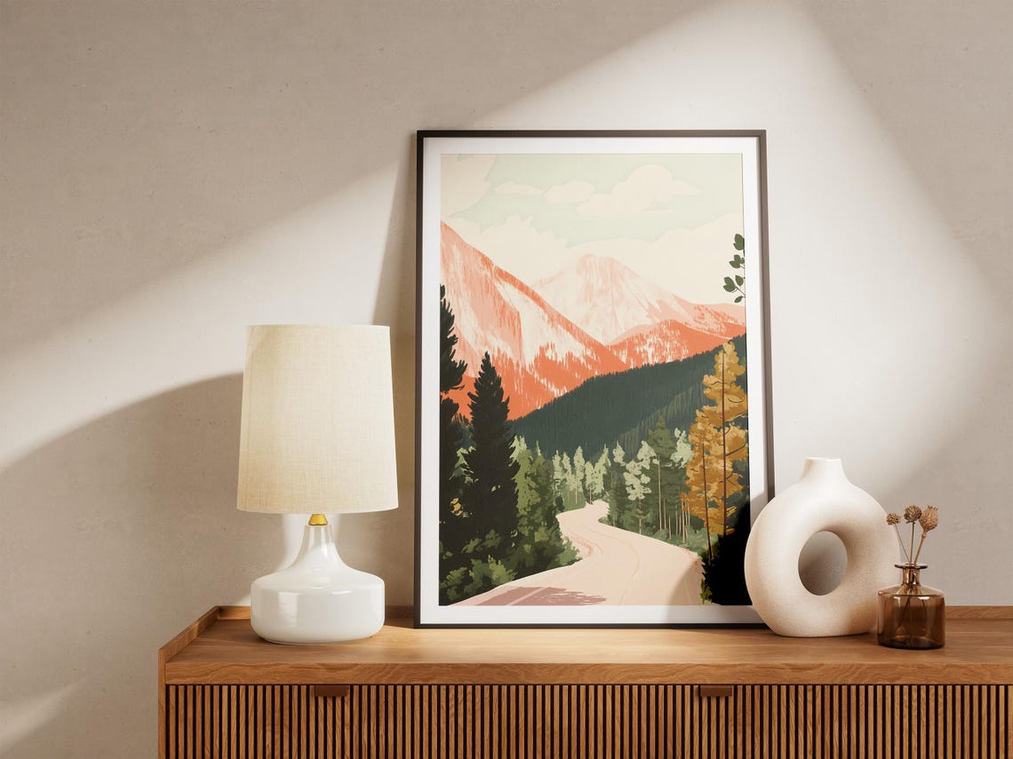 Winding Road Through Green Pine Forest To Pink Mountains Poster - Image 5