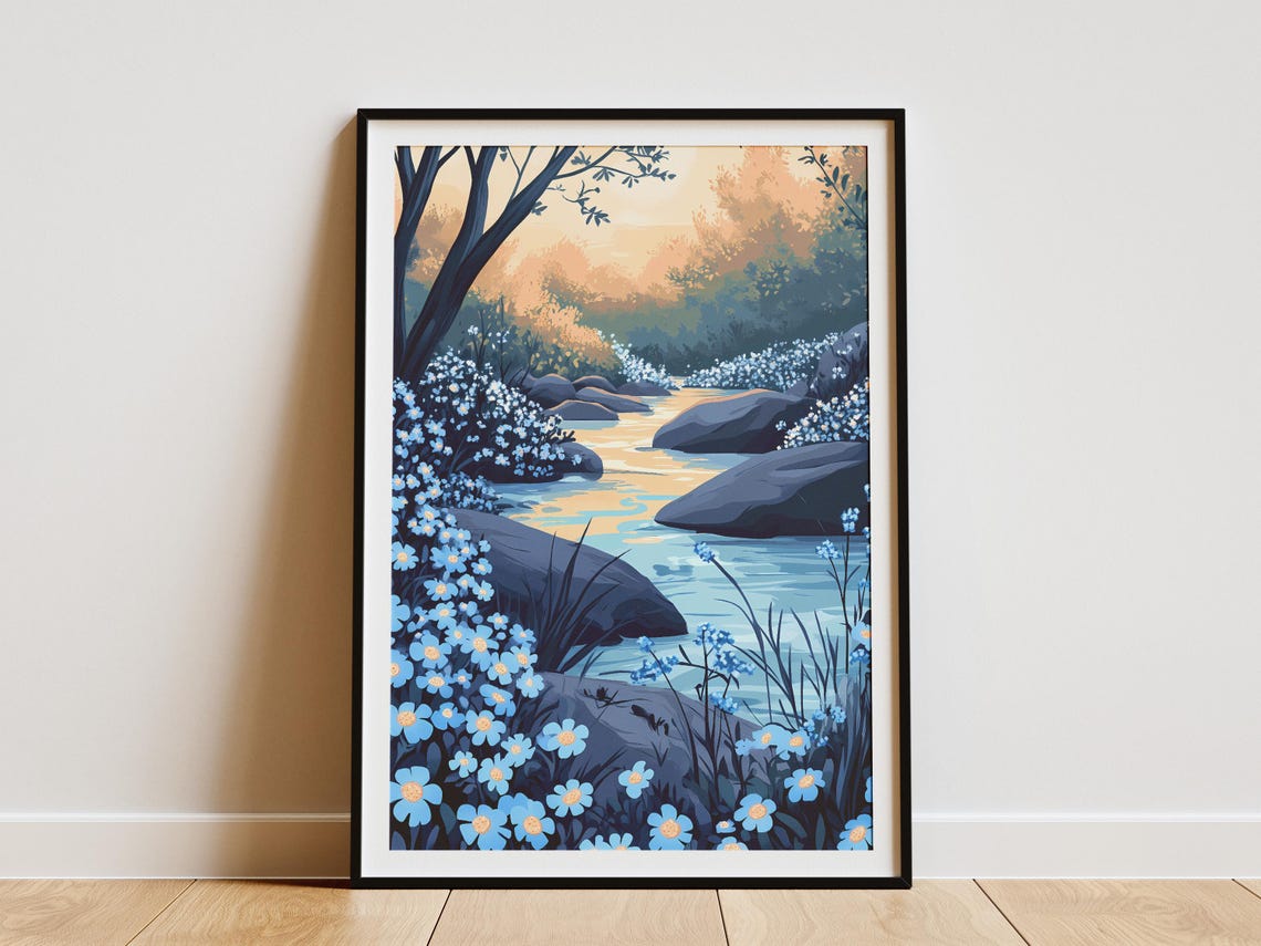 Forget Me Not River Rocks Blue Flowers Twilight Scenic Poster
