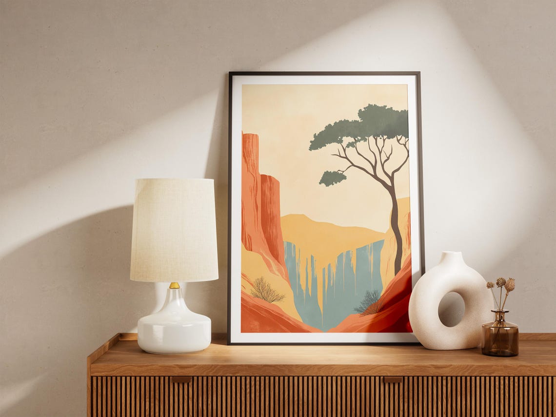 Desert Canyon Waterfall With A Lone Tree Minimalist Art Poster - Image 5