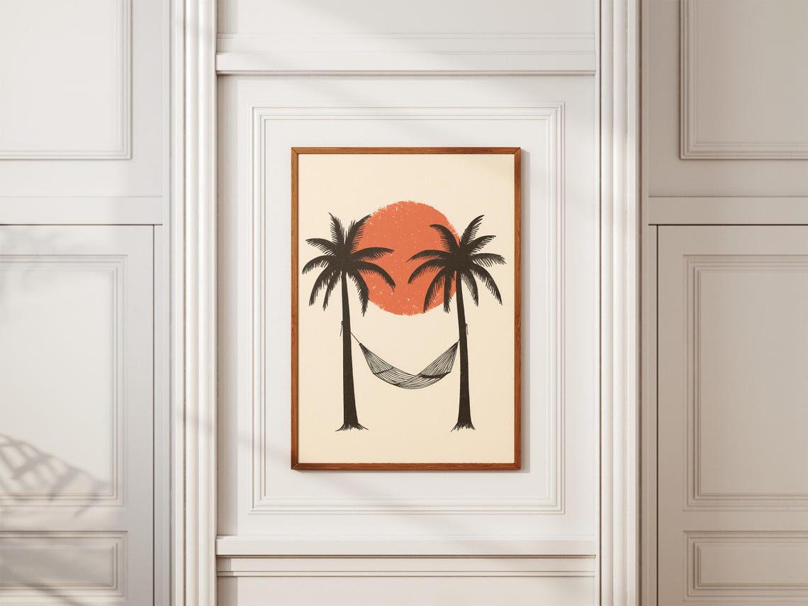 Two Palm Trees with a Hammock Swaying Under a Terracotta Sun Poster - Image 2