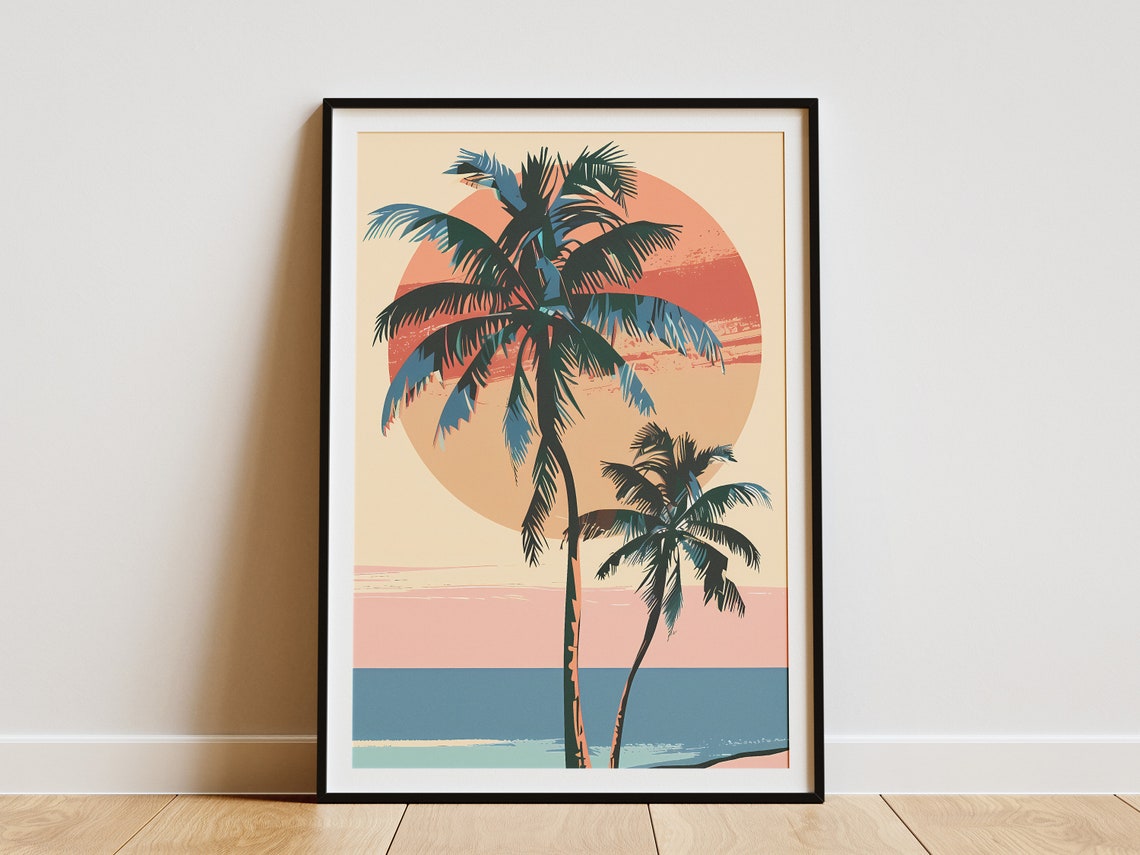 Retro Twin Palm Trees Island Sunset Beach Vintage Travel Poster