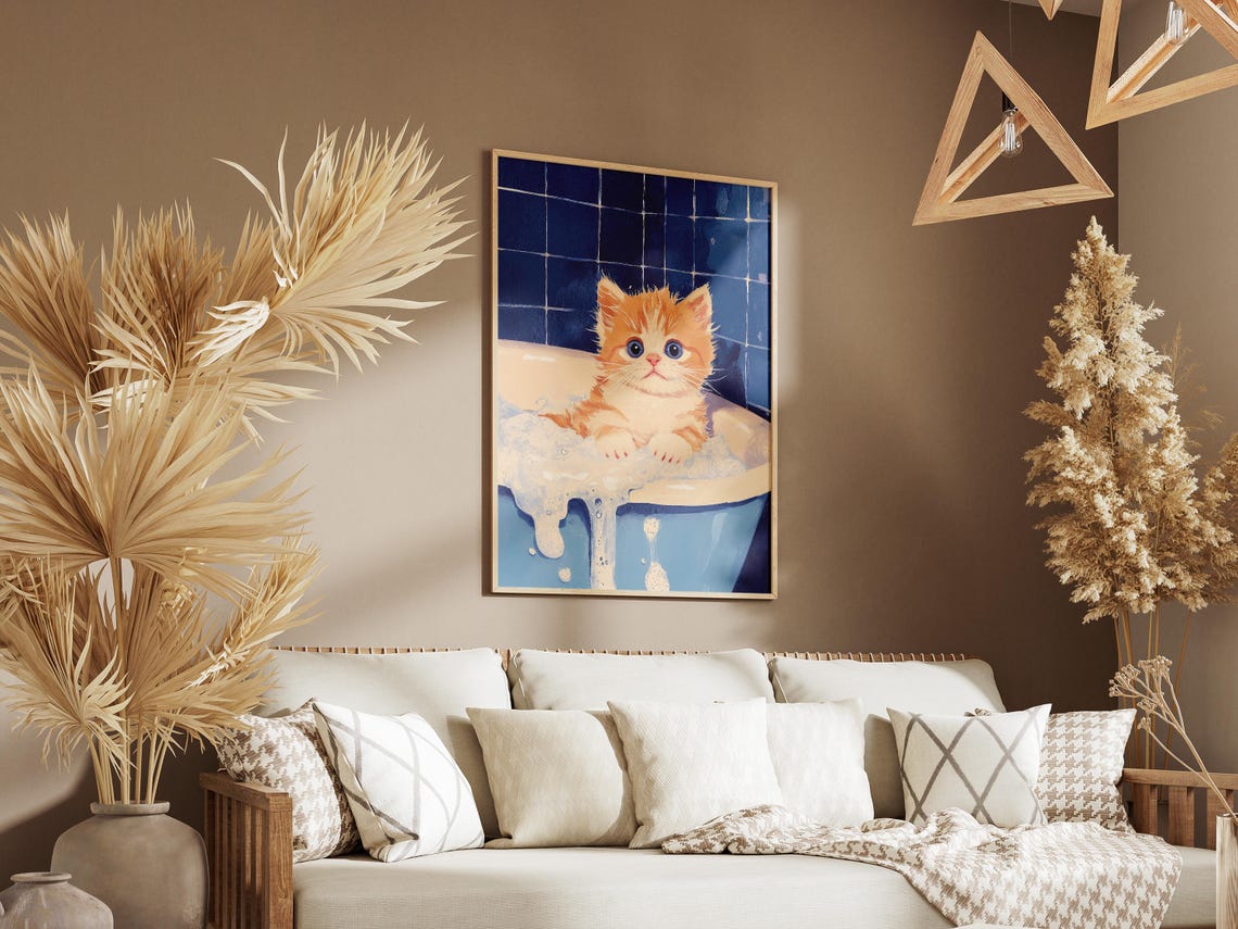 Orange Kitten in Blue Bubble Bath Tub Cute Cat Bathroom Poster - Image 3