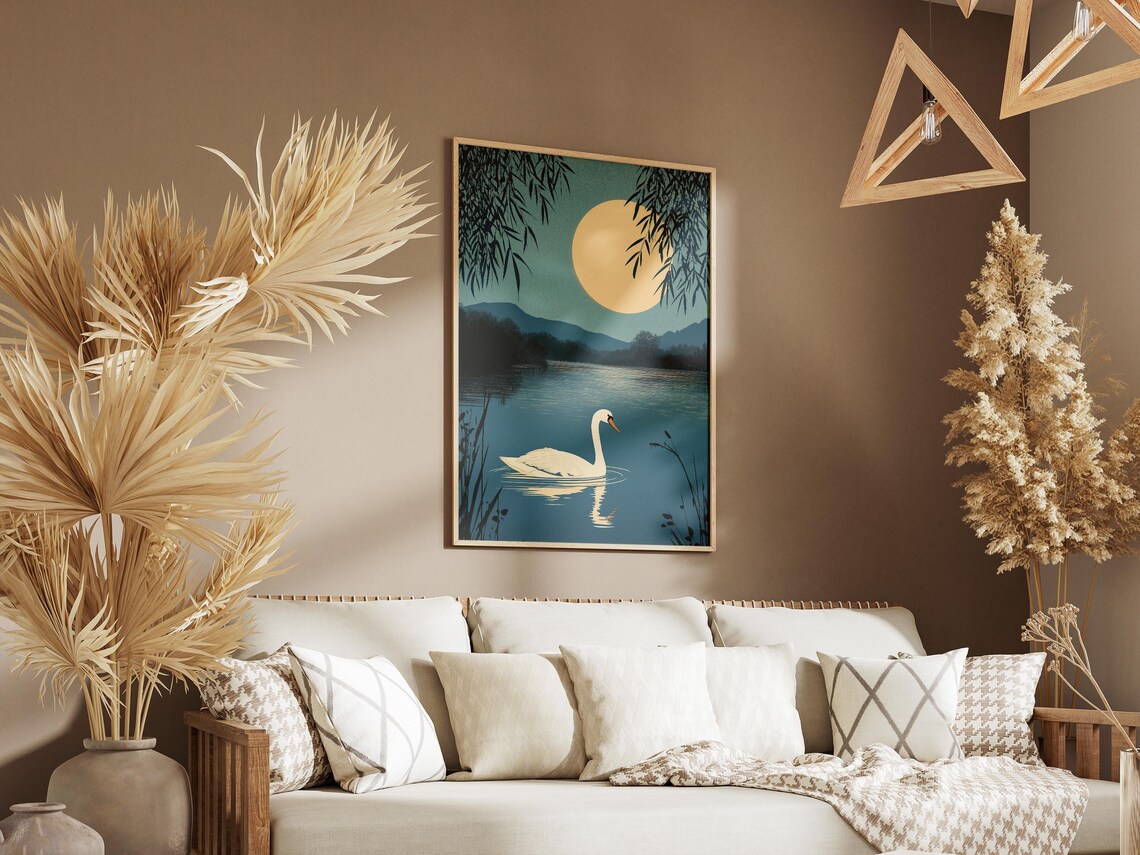 Swan Moonlit Lake Traditional Asian Style Serene Night Art Poster - Image 3