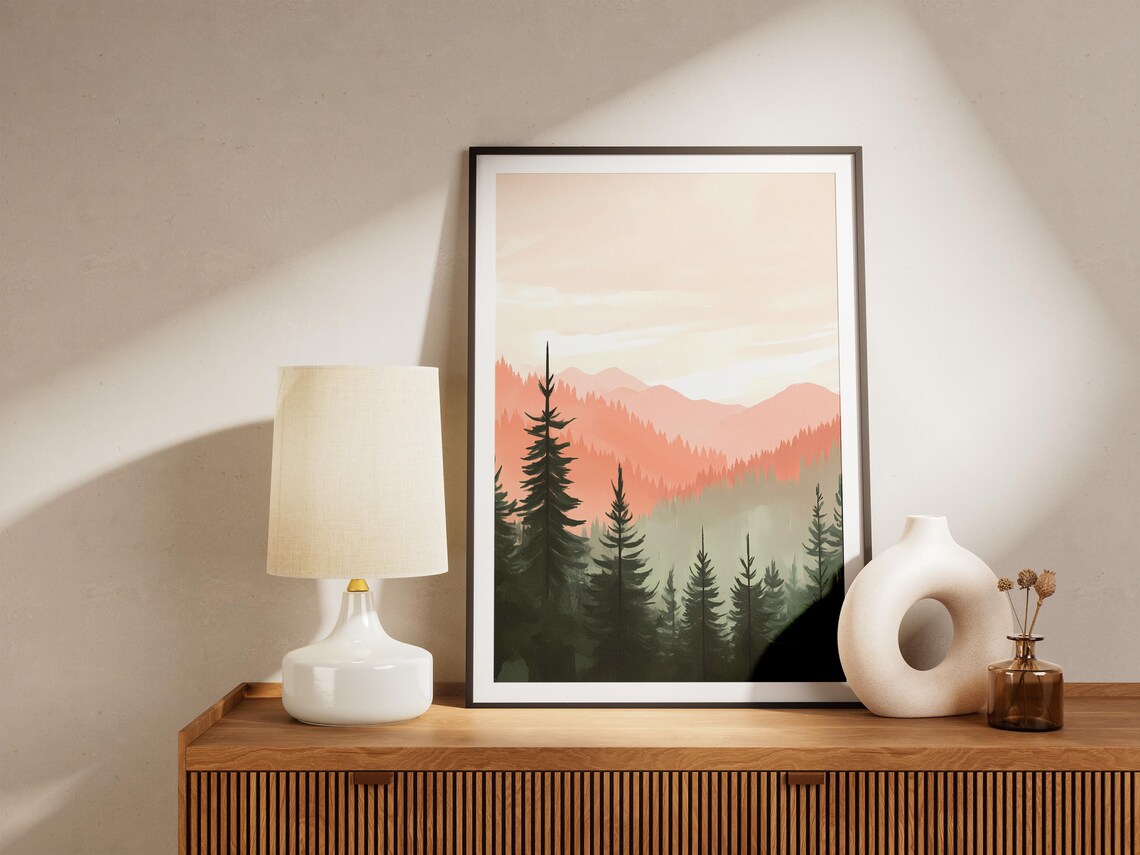 Mountain Forest Poster Peach Sunset Landscape Print Minimalist Nature Wall Art Modern Pine Tree Artwork Calm Forest Scene Home Decor - Image 5