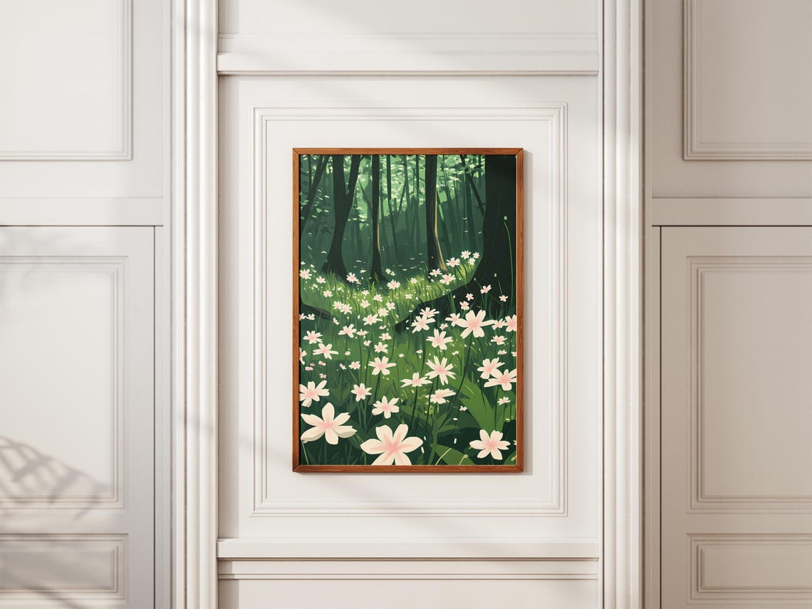 Delicate White Wildflowers Dark Green Forest Meadow Serene Print - Image 2