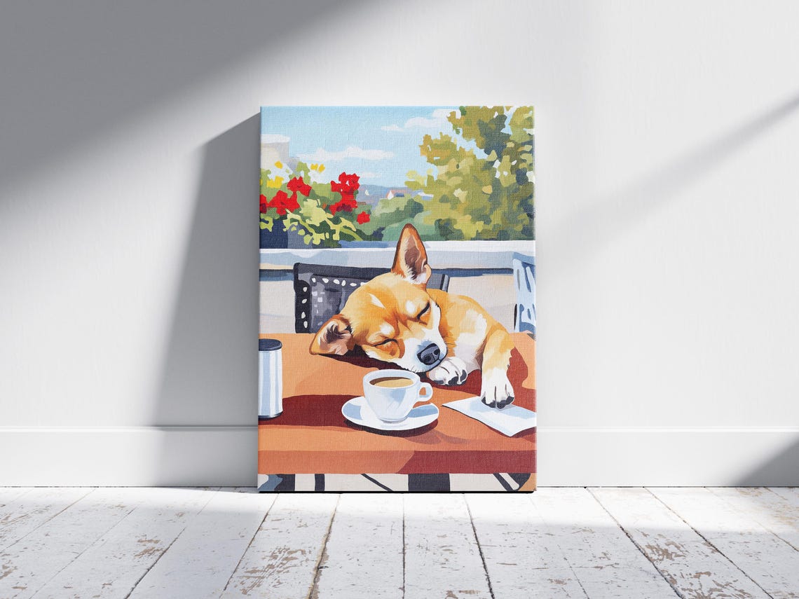 Sleepy Chihuahua Napping on Cafe Table Beside Coffee Cup Poster - Image 2