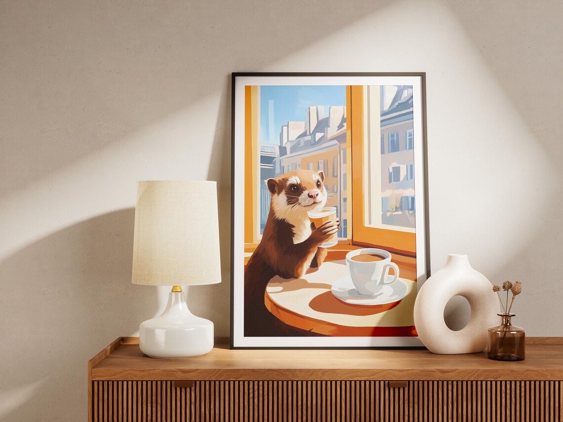 Cute Ferret Holding a Tiny Cup at a Sunny City Cafe Window Poster - Image 4