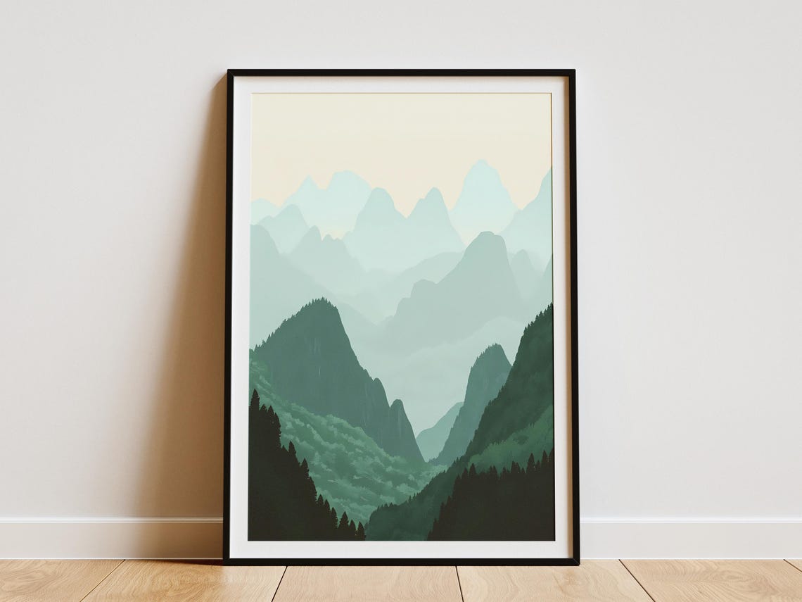 Layered Misty Mountain Peaks Minimalist Sage Green Nature Poster