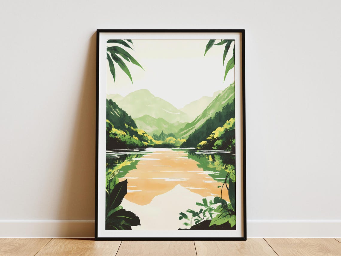 Emerald Mountain Lake Mirroring a Peach Sunset Sky Art Poster