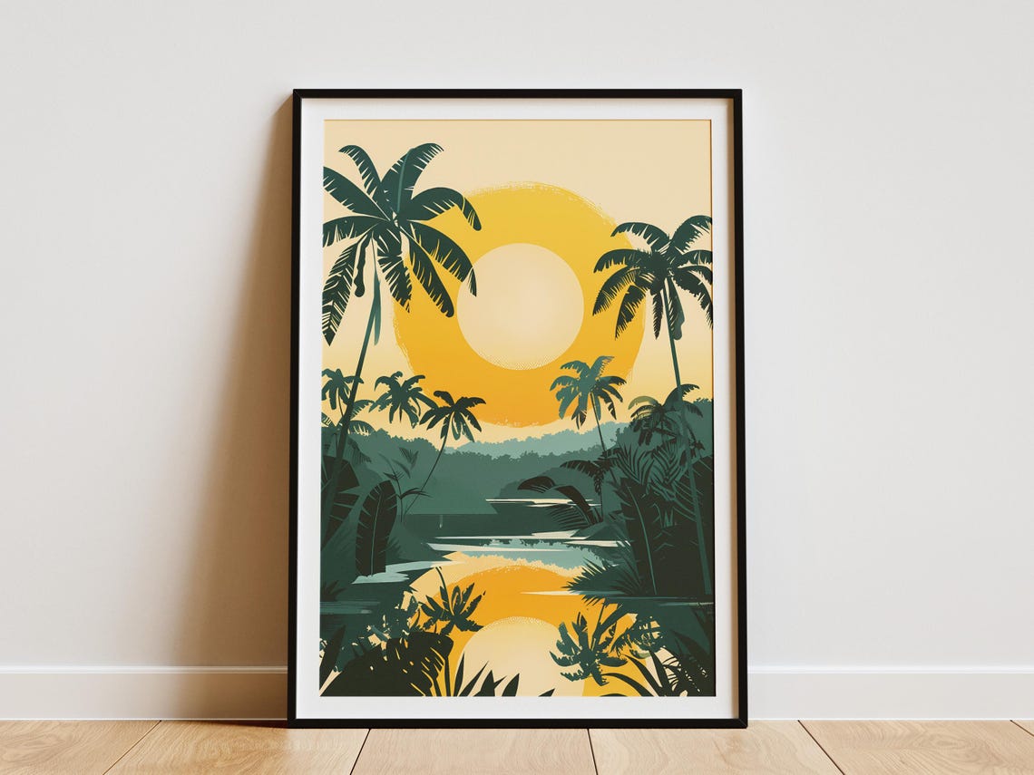 Tropical Palm Trees Golden Sunset River Minimalist Nature Poster