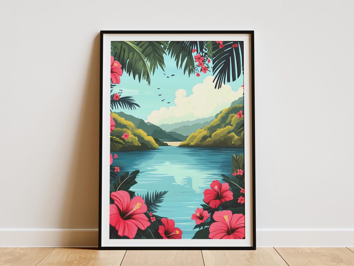 Hibiscus Lake Tropical Pink Flower Framed Lagoon View Poster