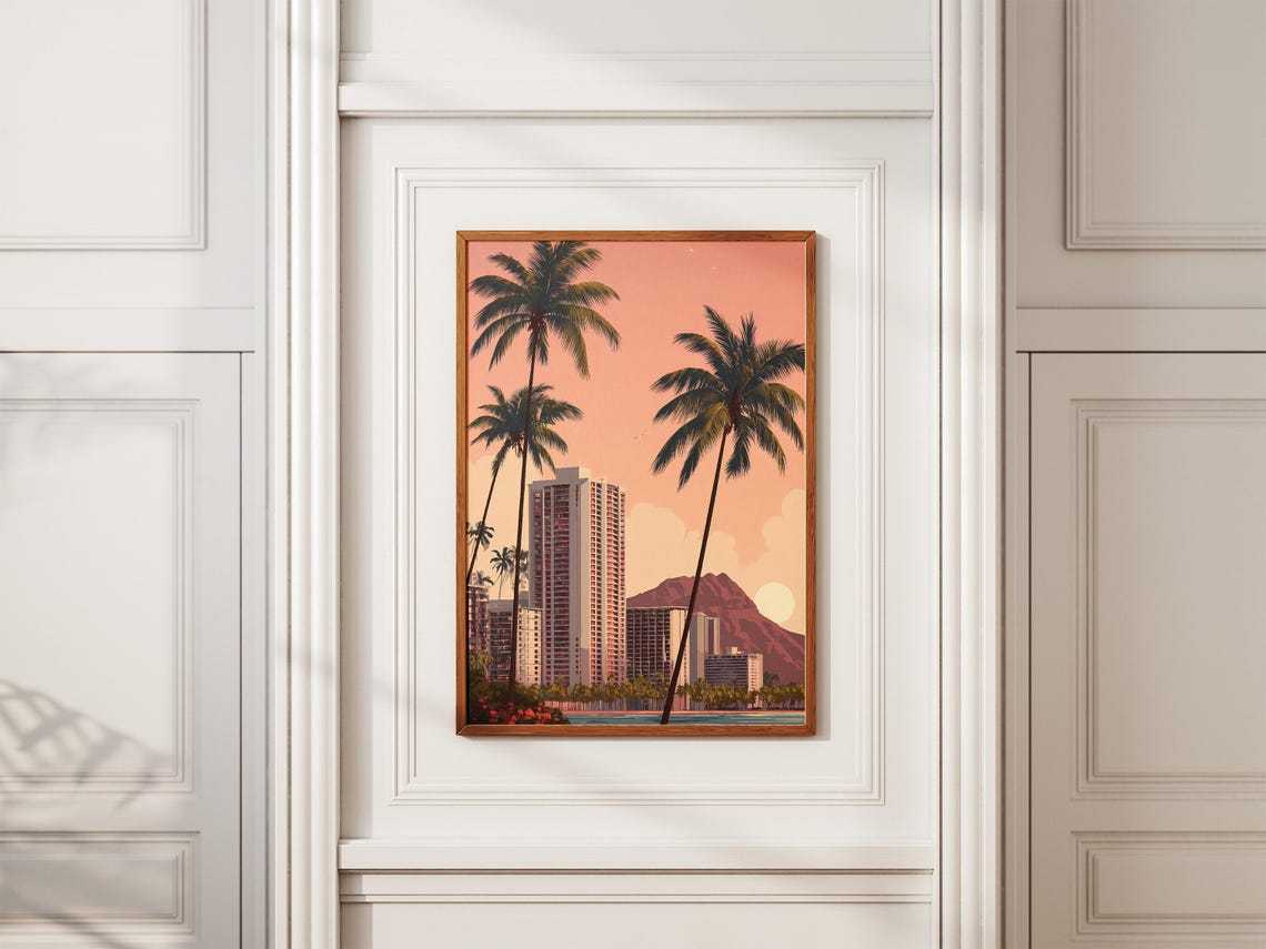 Waikiki Skyline Sunset Diamond Head Palm Trees Beach Art Poster - Image 2