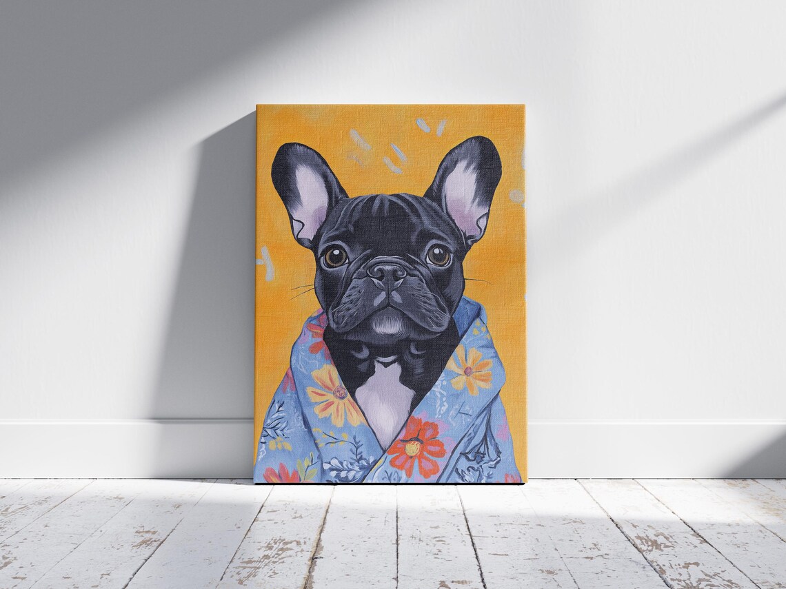 Black French Bulldog Puppy In Floral Robe Poster Cute Dog Portrait - Image 2