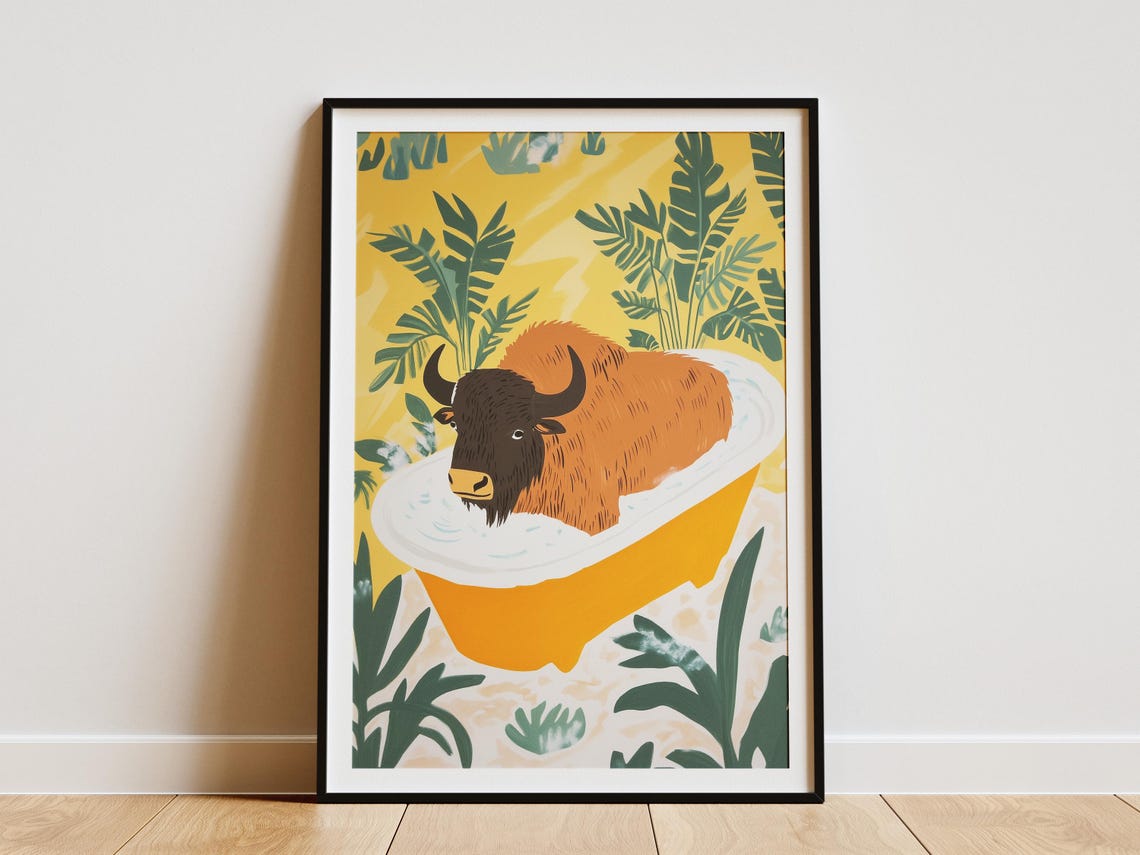 Bison Relaxing in a Bright Yellow Bathtub Among Palm Leaves Poster
