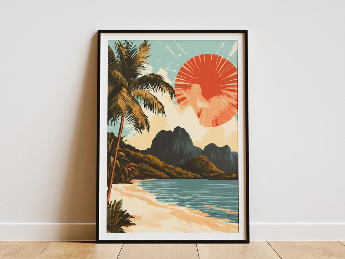 Pamalican Island Retro Beach Scene with Red Sun Travel Poster