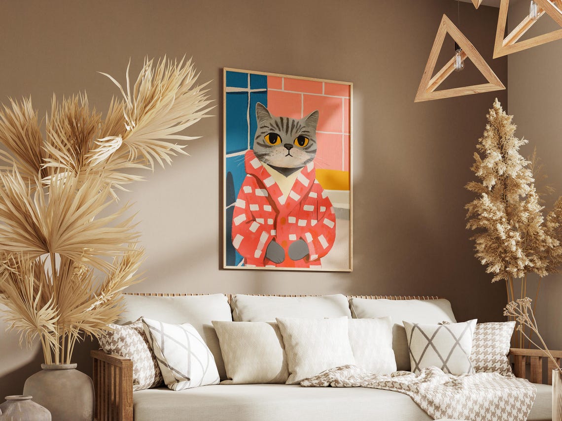 Scottish Fold Cat Art Print Bathrobe Poster Funny Bathroom Wall Quirky Animal Modern Lover Gift Unique Home Decor - Image 3