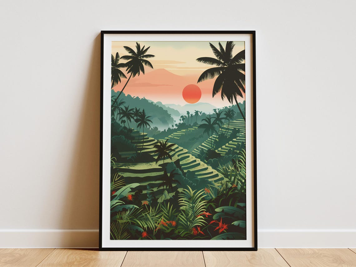 Bali Rice Terraces Tropical Sunset Palm Silhouette Travel Poster