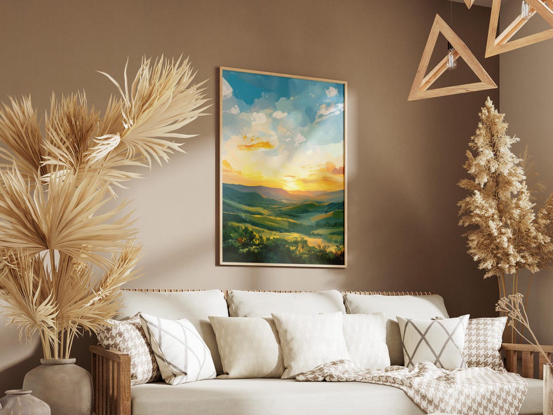 Golden Sunset Light Over Green Rolling Valleys Scenic Poster - Image 3