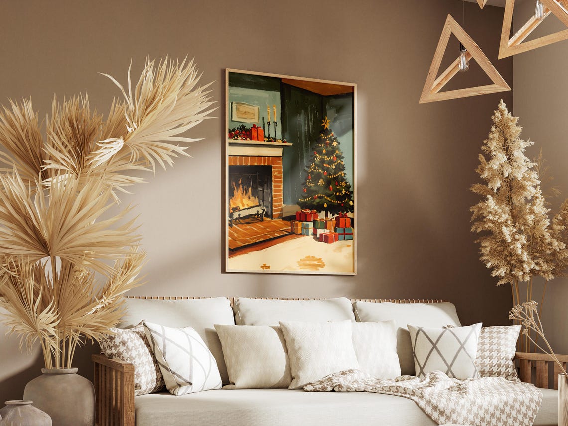 Christmas Tree by Fireplace Vintage Illustration Holiday Poster - Image 3
