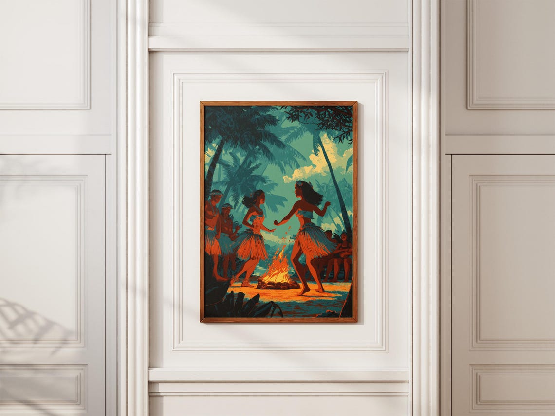 Hula Dancers Around Tiki Bonfire Night Tropical Island Luau Art Poster - Image 2