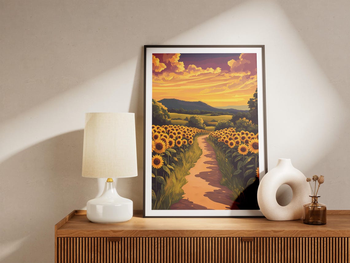 Sunflower Dusk Road Summer Poster Nature Wall Art Yellow Flower Field Country Road Print Farmhouse Decor Sunflower Art Print Vintage - Image 5