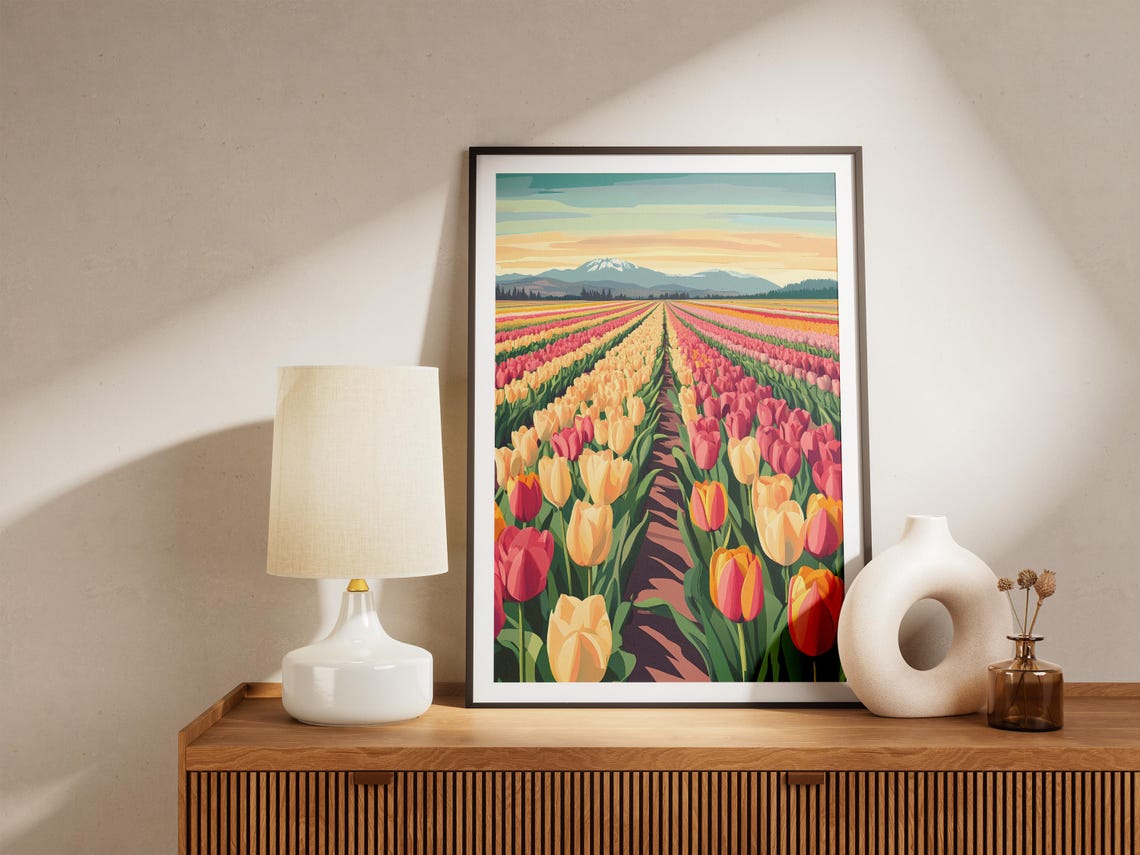 Tulip Field Rows At Sunset With Distant Snowcapped Mountain Poster - Image 5