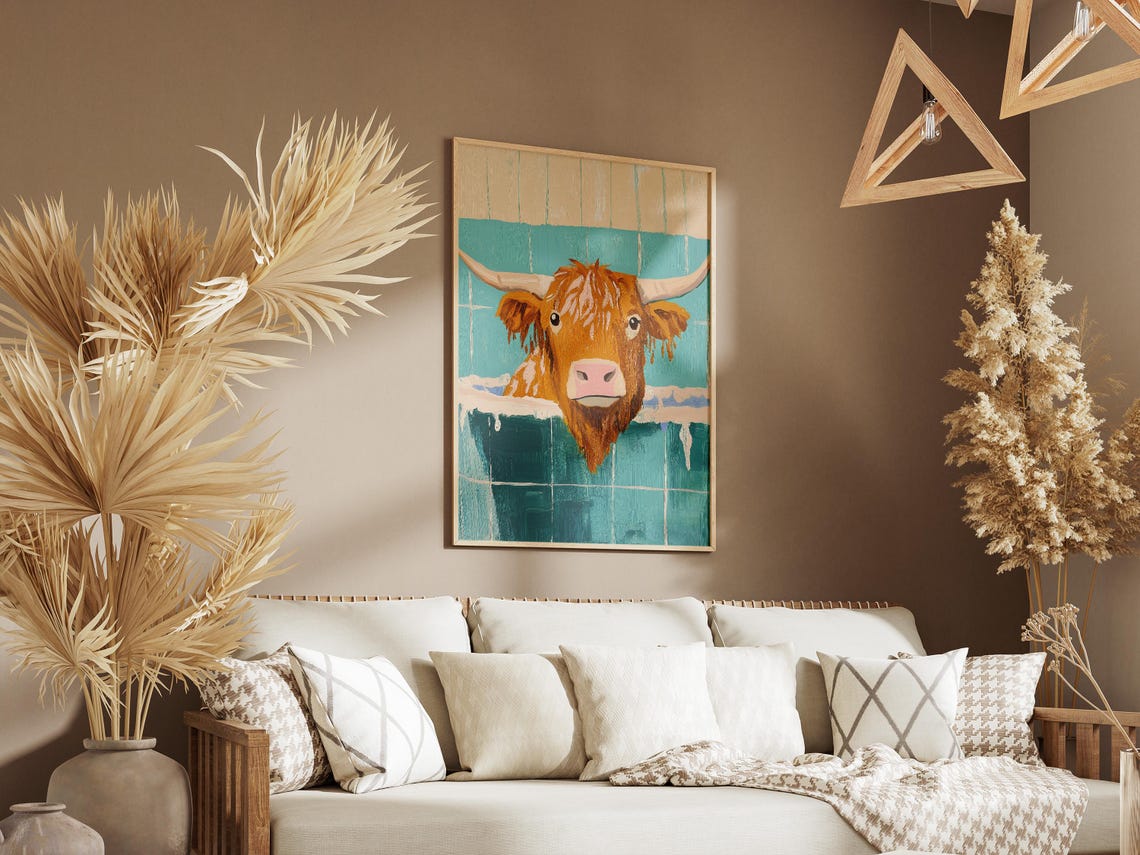 Highland Cow Peeking Out Of A Soapy Bubble Bath Teal Tiles Poster - Image 3