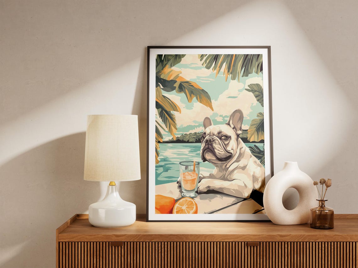French Bulldog Relaxing With Citrus Drink By The Sea Shore Poster - Image 5