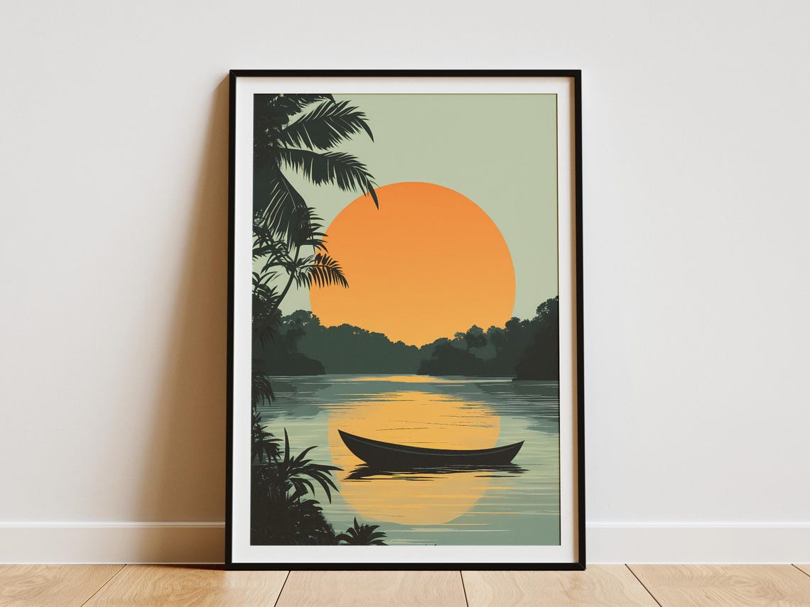 Sunset River Canoe Palm Trees Silhouette Tropical Nature Poster
