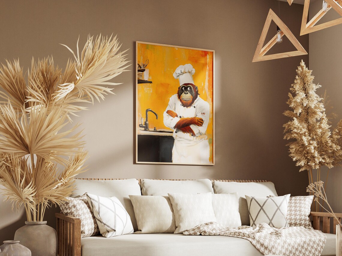 Orangutan Chef With Crossed Arms In Bright Yellow Kitchen Poster - Image 3