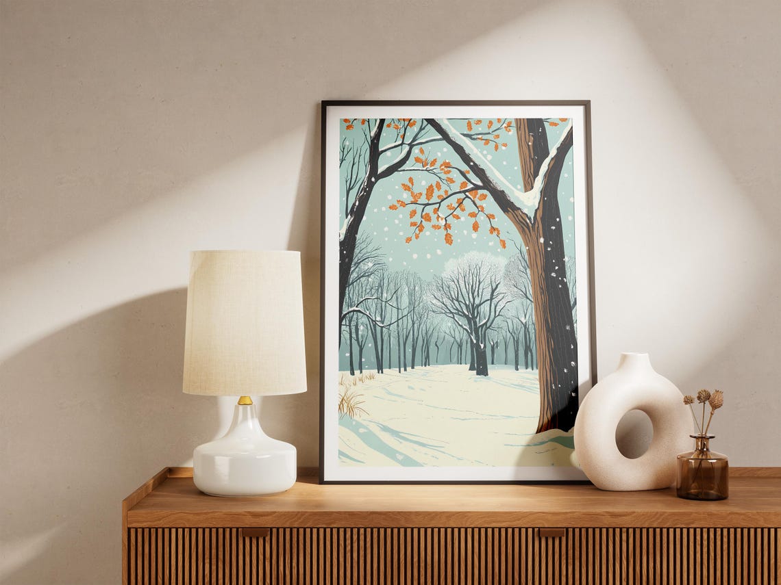 Winter Forest Path With Snow and Late Autumn Orange Leaves Poster - Image 5