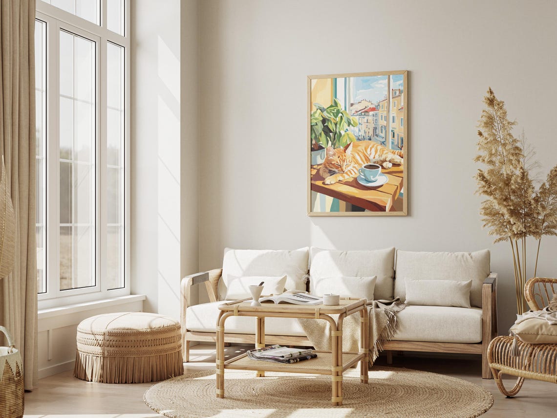 Orange Tabby Cat Napping on a Sunny Windowsill with Coffee Poster - Image 3
