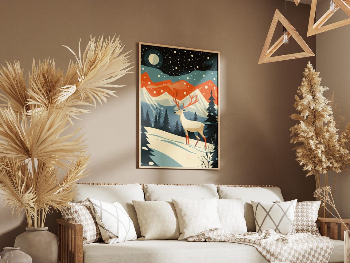 Siberian Tundra Christmas Reindeer Poster Vintage Festive Travel Print Holiday Decor Winter Animal Art Geometric Mountain Landscape Modern - Image 3
