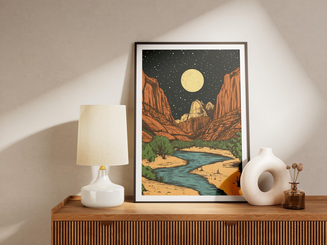 Zion National Park Utah Moonlit Canyon River Starry Night Vintage Art Poster - Image 4