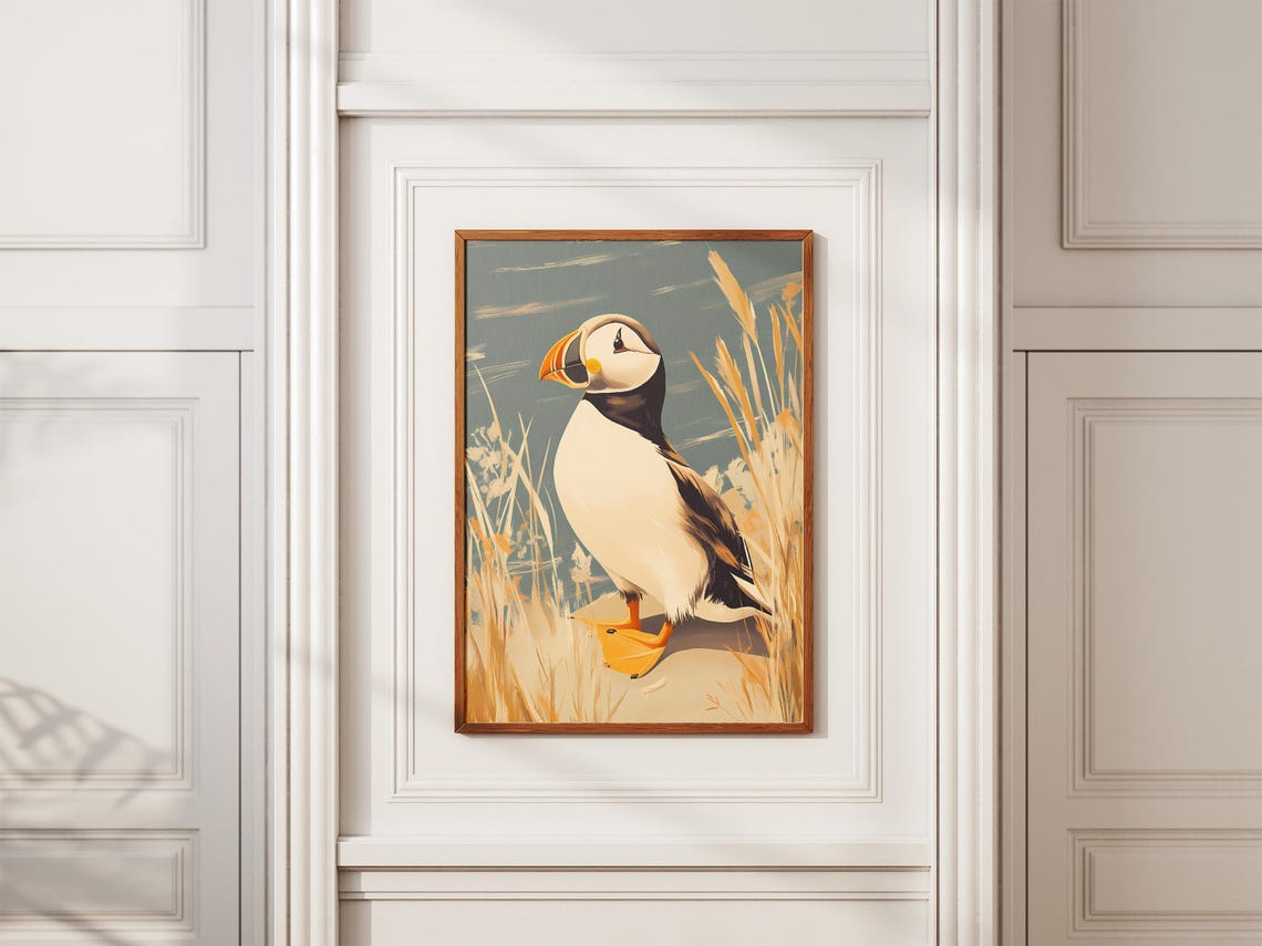 Puffin on a Sandy Beach with Dune Grasses Seabird Art Poster - Image 2
